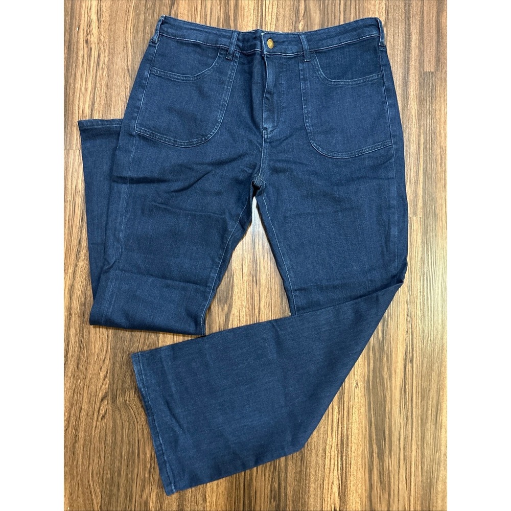 Pilcro Flare Jeans Patch Pockets Women 34 Dark Indigo Blue High Rise Stretch